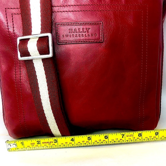 BALLY Red Leather Top Zip Messenger Shoulder Bag w/ Red White Striped Strap - Picture 15 of 17